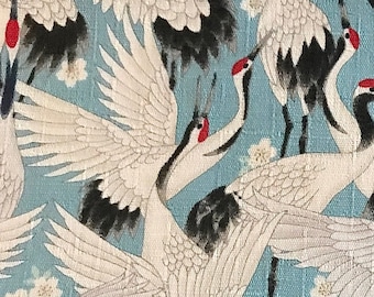 Japanese Style flying crane light blue dobby cotton fabric made in Japan