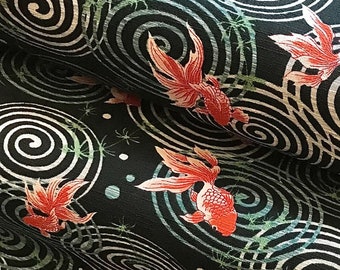 Japanese Style red fish on lake green ripples dobby cotton fabric made in Japan