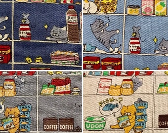 Cream Grocery cat canvas cotton fabric made in Japan and other colors