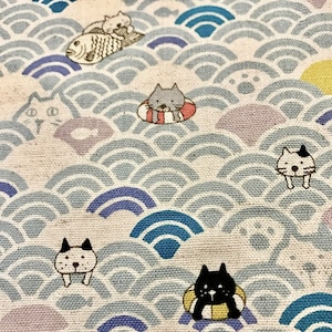 cream wave cat canvas cotton fabric made in Japan