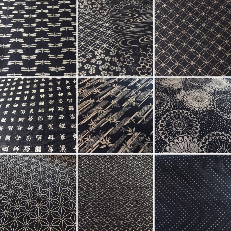 Navy homespun Asian large floral print cotton fabric image 5