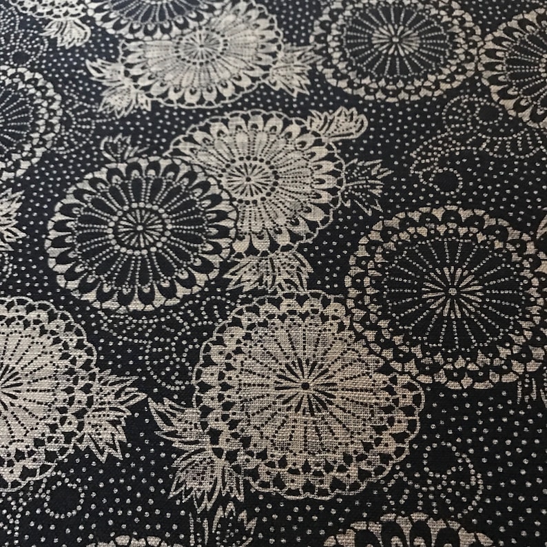 Navy homespun Asian large floral print cotton fabric image 2