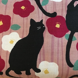pink Tsubaki and black cat background dobby cotton fabric made in Japan