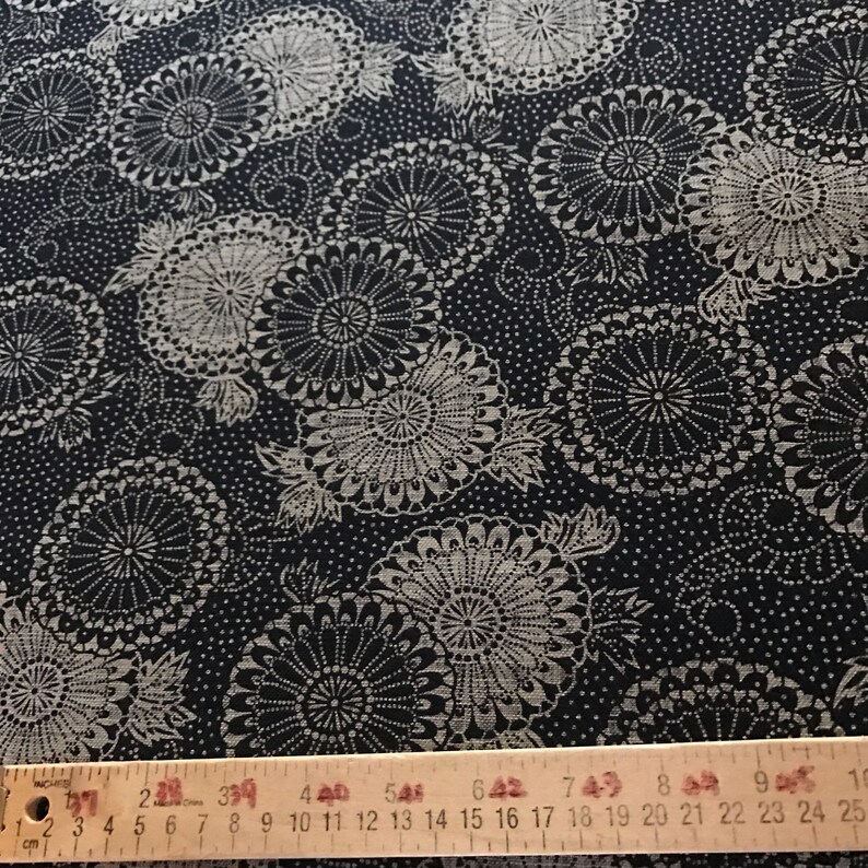 Navy homespun Asian large floral print cotton fabric image 4