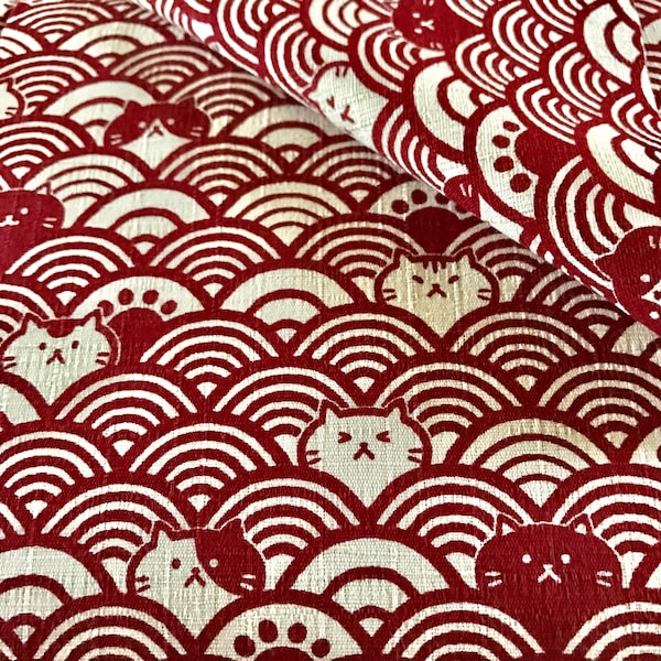 Cat wave red dobby cotton fabric made in Japan