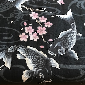 Japanese Style koi fish black dobby cotton fabric made in Japan