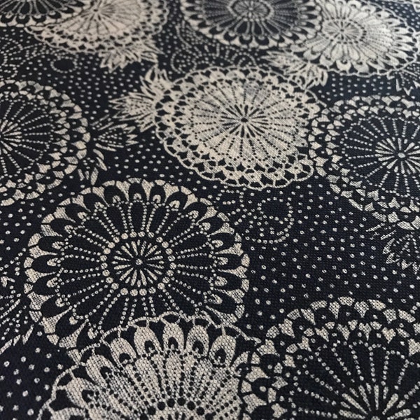 Navy homespun Asian large floral print cotton fabric