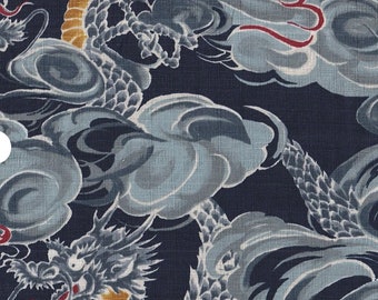 Japanese Style blue dragon Navy dobby cotton fabric made in Japan