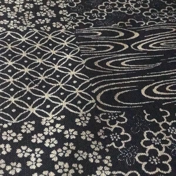 Navy homespun patched Japanese motif print cotton fabric