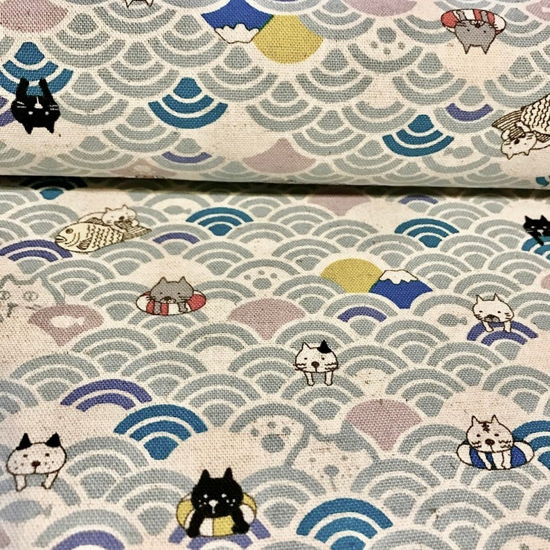 Toile en coton crème avec des chats vagues fabriquée au Japon image 5