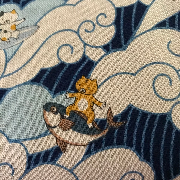 surfing cats waves canvas cotton fabric made in Japan