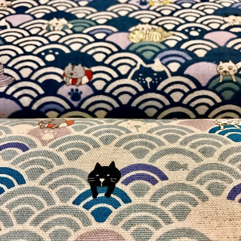 Toile en coton crème avec des chats vagues fabriquée au Japon image 6
