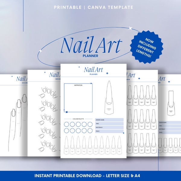 Nail Art Planner // LONG NAILS // 87 Pages Printable Nail Design And Practice Template // Instant Download// CANVA template / Nail design