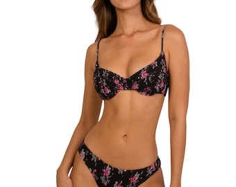 Zweiteiliges Schwarzes Floral Smocked Bikini Set mit Unterdraht Top