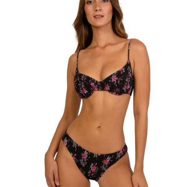 Set bikini a due pezzi floreale affumicato nero con top ferretto