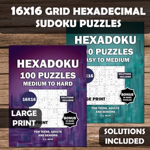 May include: Two book covers for 16x16 grid hexadecimal Sudoku puzzles. The book on the left is purple and says "Hexadoku 100 Puzzles Medium to Hard" with a bonus of 50 more puzzles. The book on the right is teal and says "Hexadoku 100 Puzzles Easy to Medium" with solutions included.