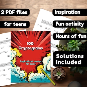 May include: A red, yellow, and blue comic book style cover with the text "100 Cryptograms" and "Inspirational quotes for teens". The cover is on a wooden table with a potted succulent plant and a blank worksheet.