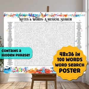 May include: A colorful word search poster with musical instruments and notes. The poster is 48 inches by 36 inches and contains 100 words. The title of the poster is "Notes & Words: A Musical Search".