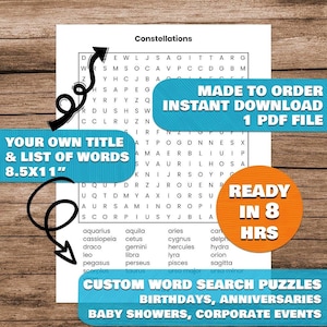 Custom Personalized square word search puzzle fun activity, family, anniversary Christmas Valentine birthday graduation Halloween gift