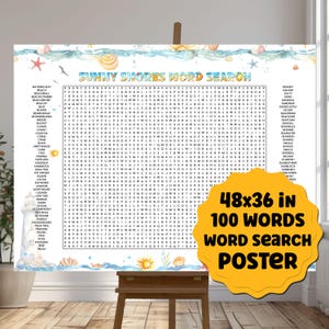 Gigantic Summer Beach 48x36&quot; 100-word word search puzzle, party activity, Summer gift, Beach party fun game, Summer Beach word search