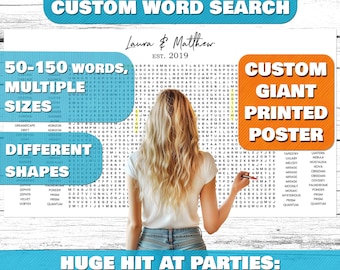 May include: A woman stands in front of a large custom word search poster. The poster is printed on a white background with black text. The poster features a variety of words, including "custom", "giant", "printed", and "poster". The poster is a great way to add a personal touch to any party or event.