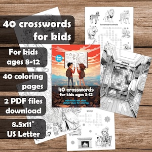 May include: A collection of children's activity books, including a cover that reads "40 crosswords for kids ages 8-12" with illustrations. The books include coloring pages, crosswords, and are 8.5x11 inches in size.