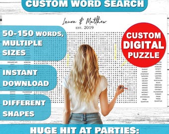 Gigantische digitale custom gepersonaliseerde 50 tot 150 woorden woordzoekpuzzel, jubileum Kerstmis Valentijn verjaardag afstuderen Halloween cadeau