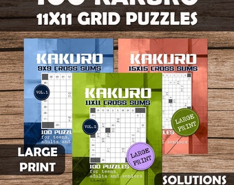 Lot de 100 KAKURO 11 x 11 pouces pour adultes, adolescents et personnes âgées, résolution de problèmes, gros caractères, solutions incluses
