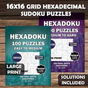 May include: Two Hexadoku puzzle books with 16x16 grid puzzles. One book is teal and the other is purple. The teal book says "100 Puzzles Easy to Medium" and the purple book says "100 Puzzles Medium to Hard". Both books include solutions and bonus puzzles.