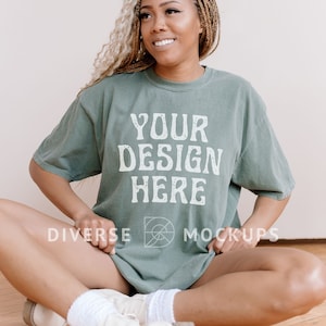 Sage Comfort Colors C1717 Mockup | Black Model Mockup | Oversized Tshirt Mockup | Diverse Mockups, African American Model