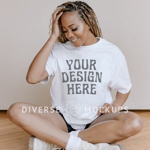 White Comfort Colors C1717 Mockup | Black Model Mockup | Oversized Tshirt Mockup | Diverse Mockups, African American Model