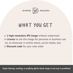 Puede incluir: Un gr&aacute;fico con el texto "WHAT YOU GET" y una lista de lo que se incluye con una compra: una imagen JPG de alta resoluci&oacute;n sin marca de agua, una licencia para usar la imagen para uso personal o comercial, y un c&oacute;digo de descuento para tu pr&oacute;ximo pedido.