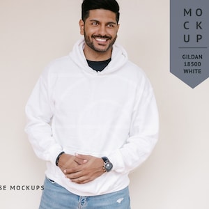 MOCKUP | White, Mens Gildan 18500 Hoodie, Male Model Mockup | Men Sweater Mockup, Diverse Mockups, Asian Indian Model