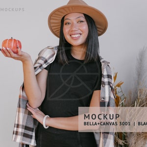 FALL MOCKUP | Black, Bella Canvas 3001 Tshirt, Asian Model Small | Diverse Mockups, East South Asian Petite Model Mockup