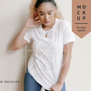 MOCKUP | White, Bella Canvas 3001 Tshirt, Latina Model | Diverse Mockups, Lifestyle Stock Photography, Hispanic Model Mockup
