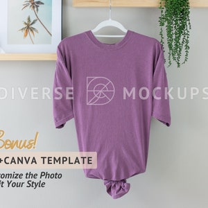 Hanging Shirt Mockup | Berry Comfort Colors 1717 Tshirt Mockup | Diverse Mockups, Purple Shirt Mockup, Canva Template
