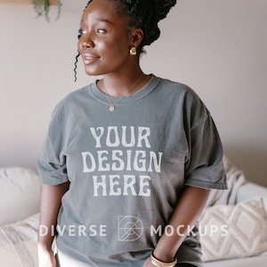 Comfort Colors C1717 Pepper Tshirt Mockup | Black Model Mockup | Plus Size Model | Diverse Mockups, Curvy Model