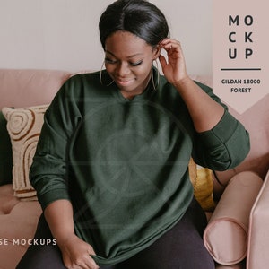 Black Model Mockup | Forest Gildan 18000 Crew Sweatshirt Mockup | Diverse Mockups, Plus Size Model Mockup 2XL
