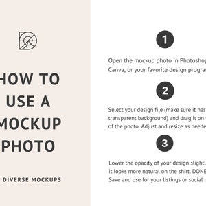 Puede incluir: Una ilustraci&oacute;n gr&aacute;fica de una camiseta con un dise&ntilde;o. El texto "HOW TO USE A MOCKUP PHOTO" se muestra encima de la imagen. El texto "DIVERSE MOCKUPS" se muestra debajo de la imagen. Los pasos para usar una foto de maqueta se enumeran en tres pasos numerados.