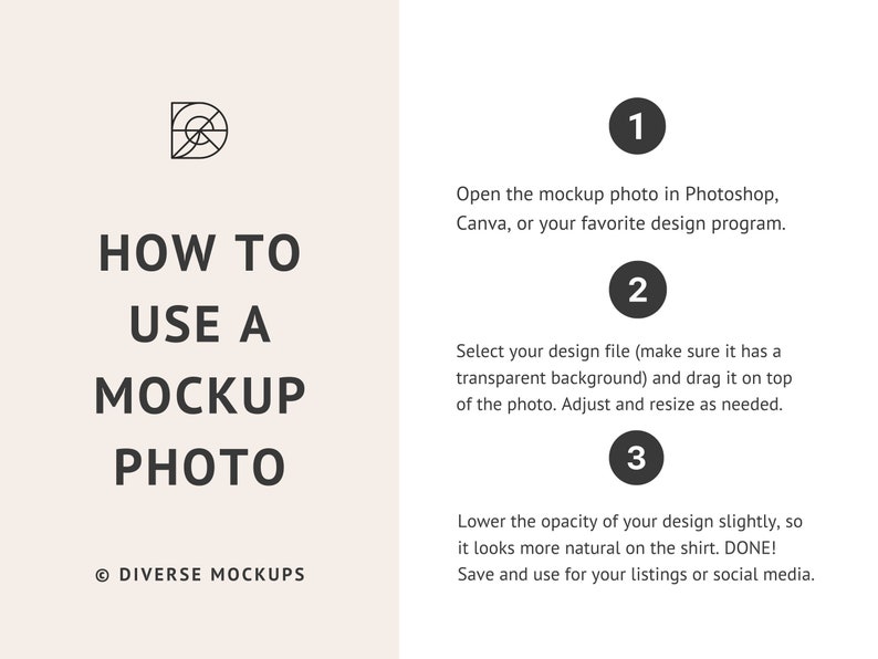 Puede incluir: Una ilustraci&oacute;n gr&aacute;fica de una camiseta con un dise&ntilde;o. El texto "HOW TO USE A MOCKUP PHOTO" se muestra encima de la imagen. El texto "DIVERSE MOCKUPS" se muestra debajo de la imagen. Los pasos para usar una foto de maqueta se enumeran en tres pasos numerados.