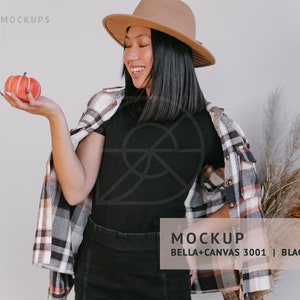 FALL MOCKUP | Black, Bella Canvas 3001 Tshirt, Asian Model Small | Diverse Mockups, East South Asian Petite Model Mockup