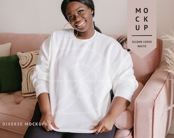 White Gildan 18000 Sweatshirt Mockup: Plus Size Model (Digital Download)