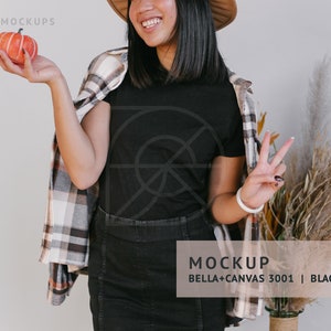 FALL MOCKUP | Black, Bella Canvas 3001 Tshirt, Asian Model Small | Diverse Mockups, East South Asian Petite Model Mockup