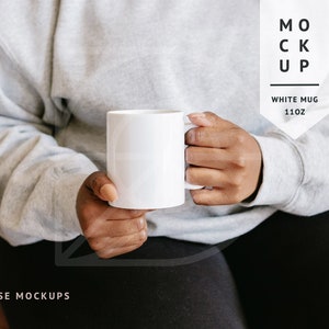MOCKUP | White Mug, 11oz | Diverse Mockups, Blank Mug Mockup, Mug in Hands with Black Woman Model