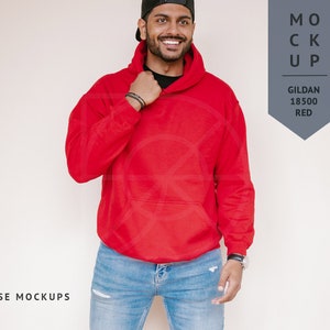 MOCKUP | Red, Mens Gildan 18500 Hoodie, Male Model Mockup | Men Sweater Mockup, Diverse Mockups, Asian Indian Model