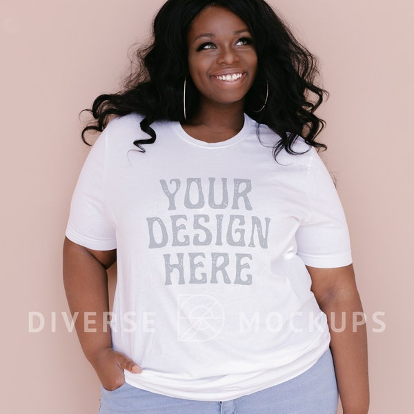 Black Model Mockup | White Bella Canvas 3001 Tshirt Mockup, Plus Size Model | Diverse Mockups, Curvy Model