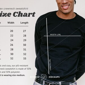 Gildan 18000 Size Chart | Unisex Crewneck Sweatshirt Size Chart | Size Chart Mockup | Diverse Mockups, Male Model