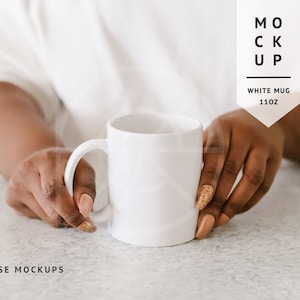 MOCKUP | White Mug, 11oz | Diverse Mockups, Blank Mug Mockup, Mug in Hands with Black Woman Model