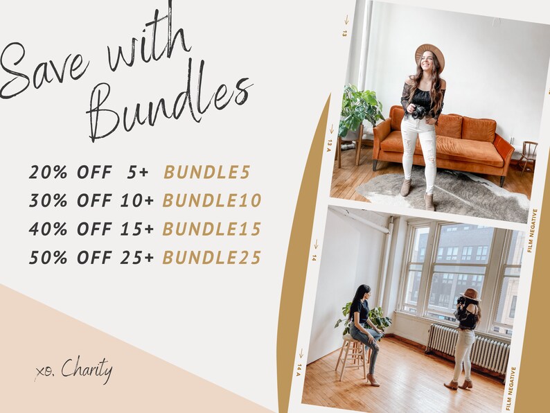 Pode incluir: Um gr&aacute;fico com texto que diz "Save with Bundles" e lista descontos para a compra de 5, 10, 15 ou 25 itens. Os descontos s&atilde;o de 20%, 30%, 40% e 50%, respectivamente. O texto "xo. Charity" est&aacute; na parte inferior do gr&aacute;fico.