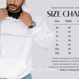 Gildan 18500 Size Chart | Heavy Blend Hooded Sweatshirt Size Chart | Hoodie Size Chart | Diverse Mockups, Male Model Mockup